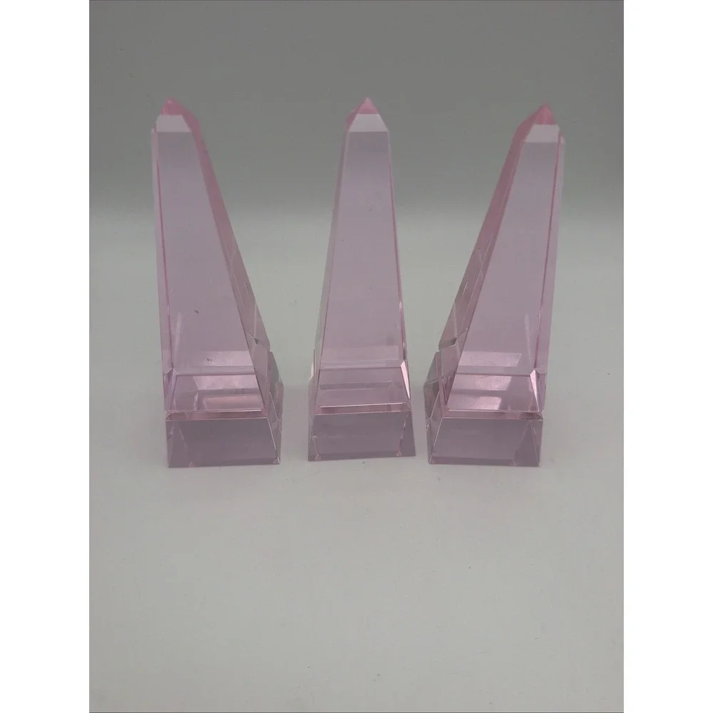 Set of 3 Pink Lucite Acrylic Obelisk Display Stands Art Deco Geometric 7